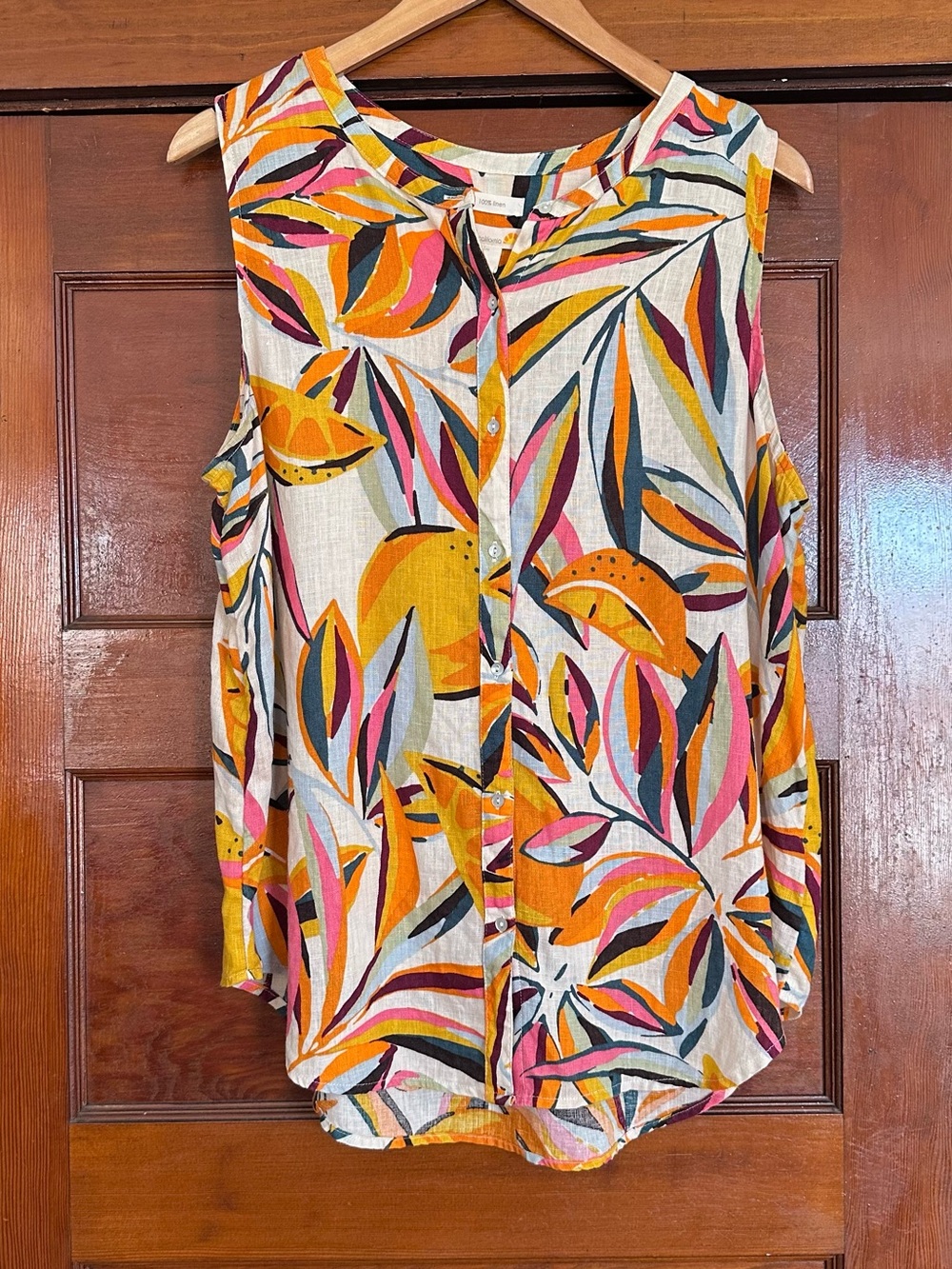 C&C California Orange Fruit Linen V-Neck Sleeveless Button Down Tank Top Large